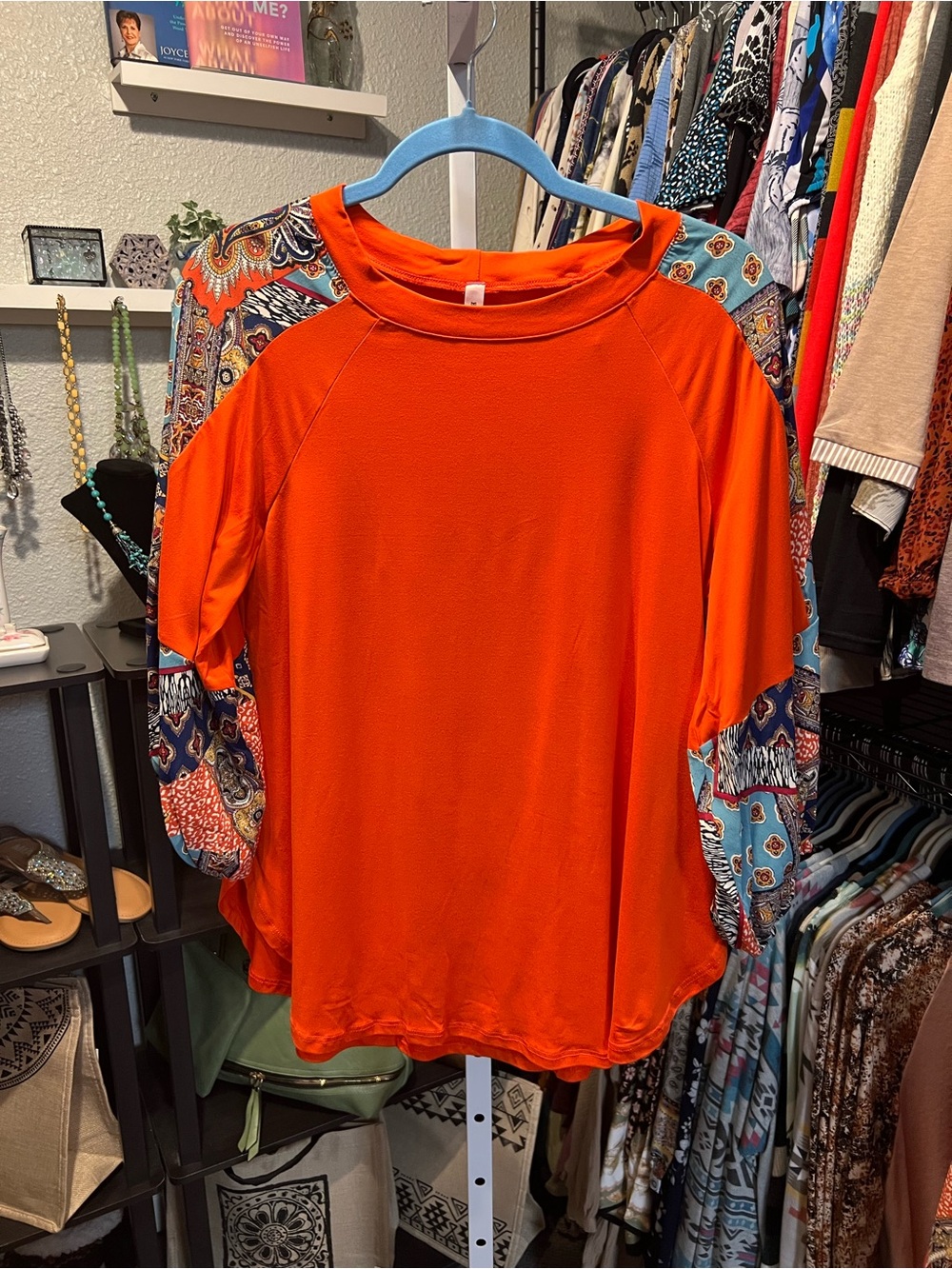Emerald Orange Blouse with Patterned Sleeves